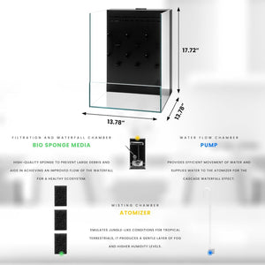 Ultum Nature Systems Foresta Integrated Paludarium Tank - All in One Aquarium w/Waterfall, Mist Maker, Water Pump, Modern Fish Tank w/Filtration for Aquatic Plants - 13.78" x 13.78" x 17.72" - 35E
